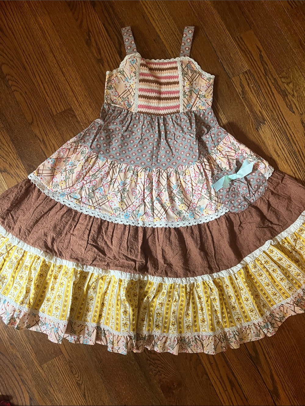 Matilda Jane Tiered Ruffle Kids Dress in Brown, Yellow & Pastel Floral